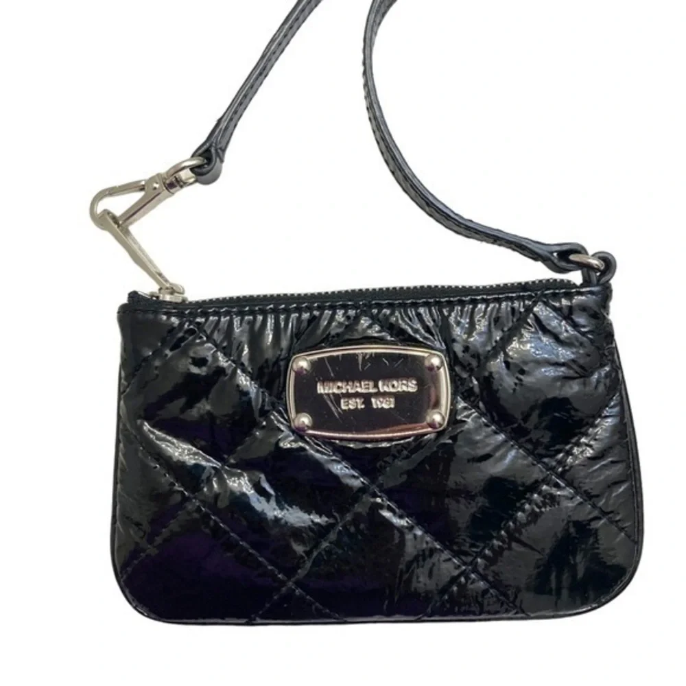 Michael Kors black patent quilted leather wristlet mini bag
